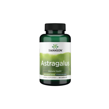 A bottle of Swanson Astragalus - Standardized 500 mg contains 120 capsules, labeled to support immunity and immune health.